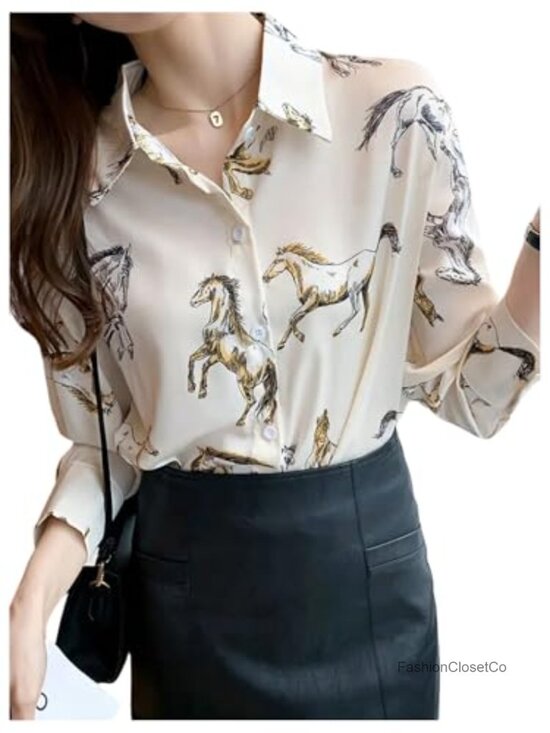 Tops - Polyester Graphic Horse Print Long Sleeve Button Down Shirt Blouse Western Top